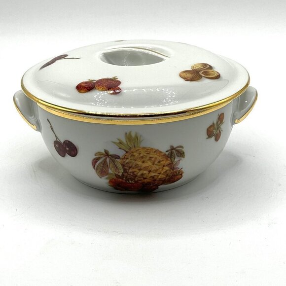 Pillivuyt France Vintage Porcelain Covered Dish Fruit Nut Decorations Gold Trim - Picture 1 of 10